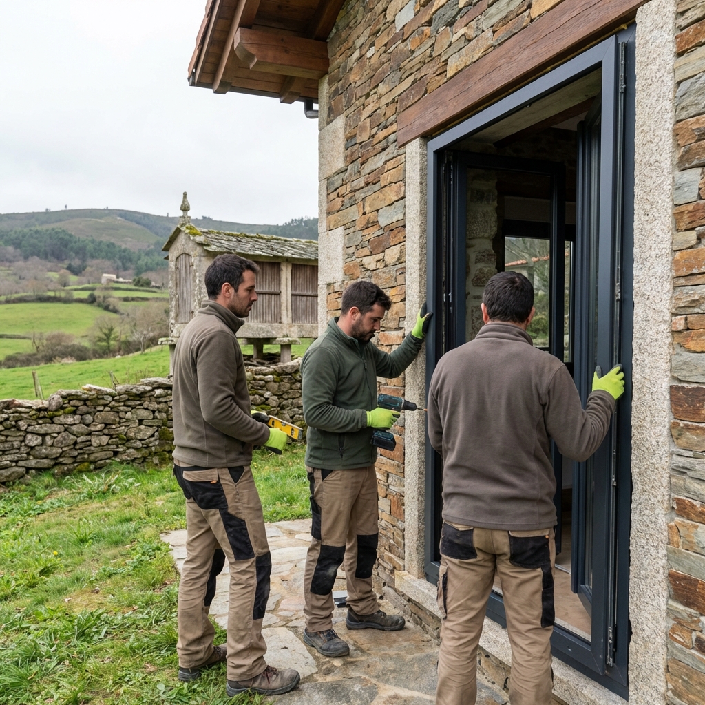 Equipo de Moure Villaverde instalando una ventana en una casa de piedra en Galicia